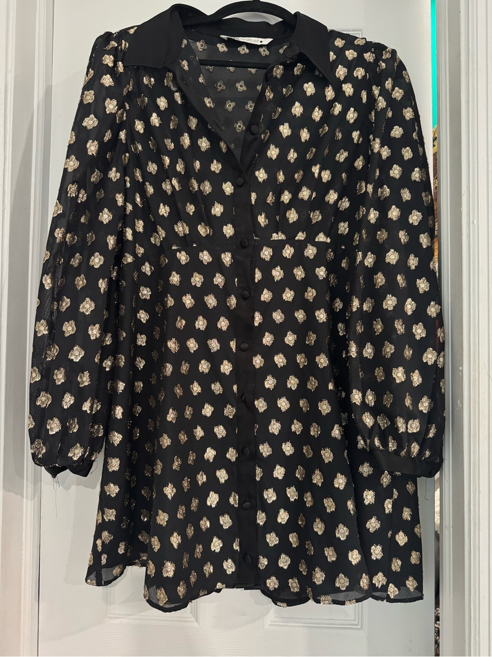 Black Metallic Zara Floral Button-Front Blouse